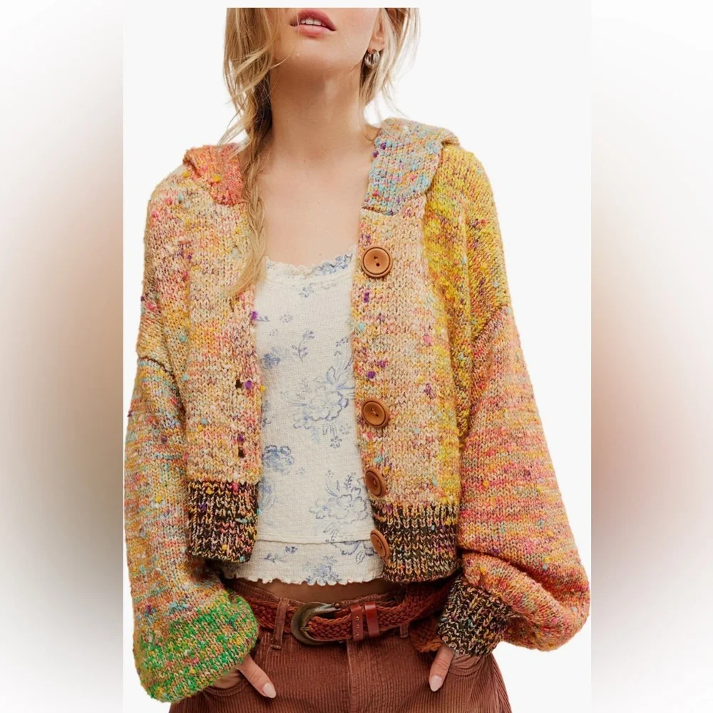 Free People Vibe Check Rainbow Multicolor Hoodie. Hooded knit cardigan. Small - Picture 9 of 10